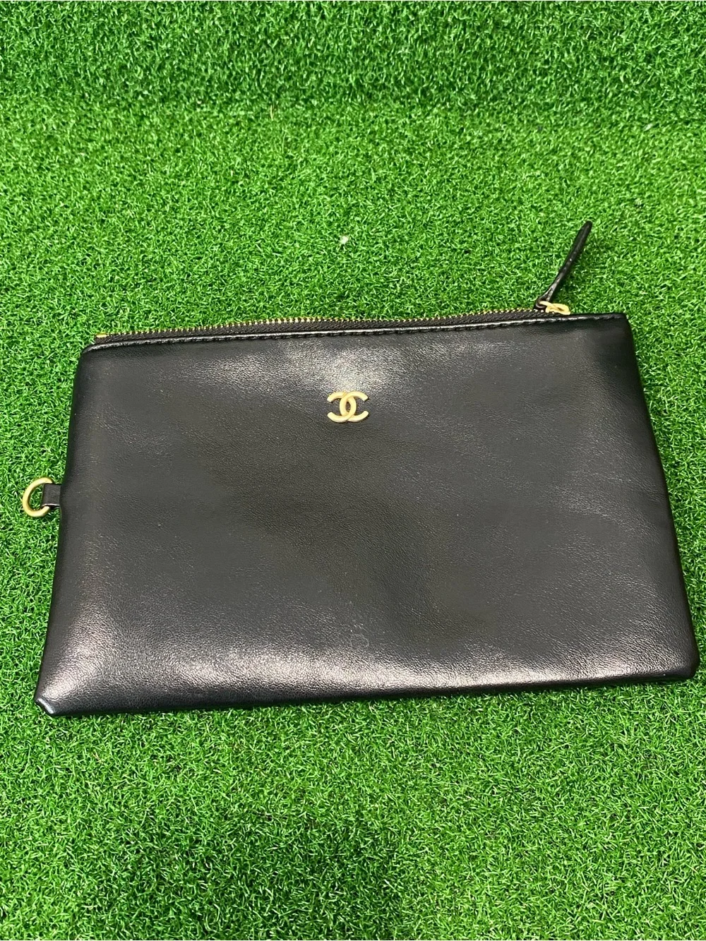 CHANEL Black Leather Zip Pouch with Gold CC Accent 8.5”x6” (Sep 026)